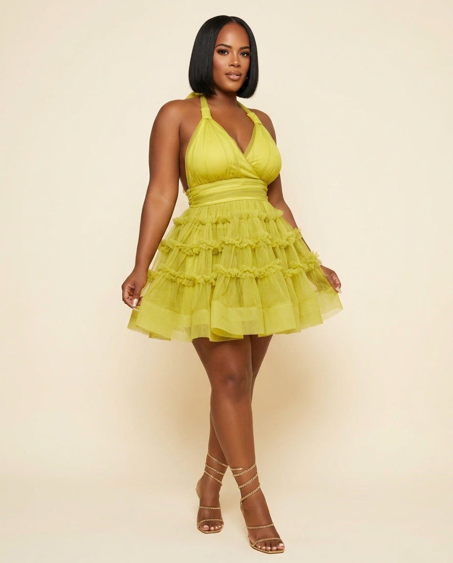 Lime Gleam Wedding Guest Tiered Mini Dress Lime Mini Dress with Flowing silhouette and Textured texture, front view product image for Wedding Guest, a gallery evening, Fall current summer selling first with a light late-summer/pre-fall accent: make it wea by floravincie