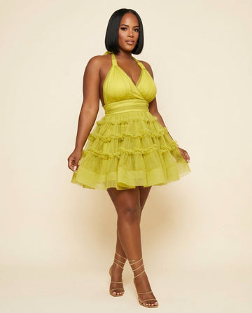 Lime Gleam Wedding Guest Tiered Mini Dress Lime Mini Dress with Flowing silhouette and Textured texture, front view product image for Wedding Guest, a gallery evening, Fall current summer selling first with a light late-summer/pre-fall accent: make it wea by floravincie