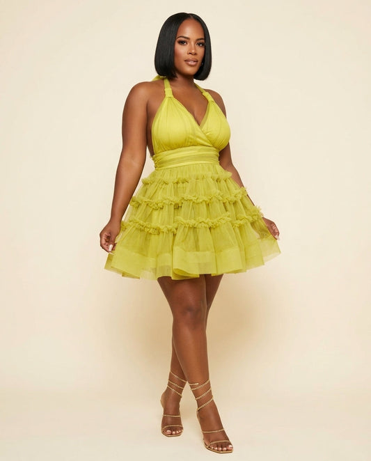 Lime Gleam Wedding Guest Tiered Mini Dress Lime Mini Dress with Flowing silhouette and Textured texture, front view product image for Wedding Guest, a gallery evening, Fall current summer selling first with a light late-summer/pre-fall accent: make it wea by floravincie