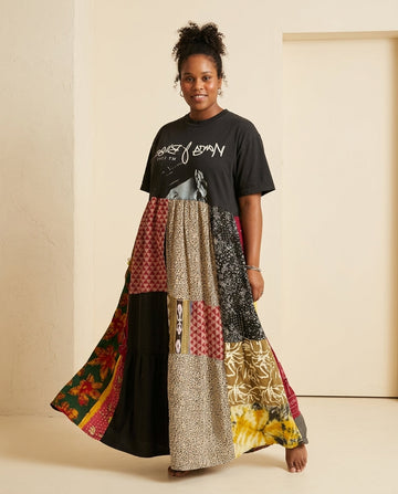 Black Muse Wedding Guest Printed Maxi Dress Black Maxi Dress with Relaxed Fit silhouette and Poplin texture, front view product image for Wedding Guest, a fall city dinner, Fall current summer selling first with a light late-summer/pre-fall accent: make i by floravincie