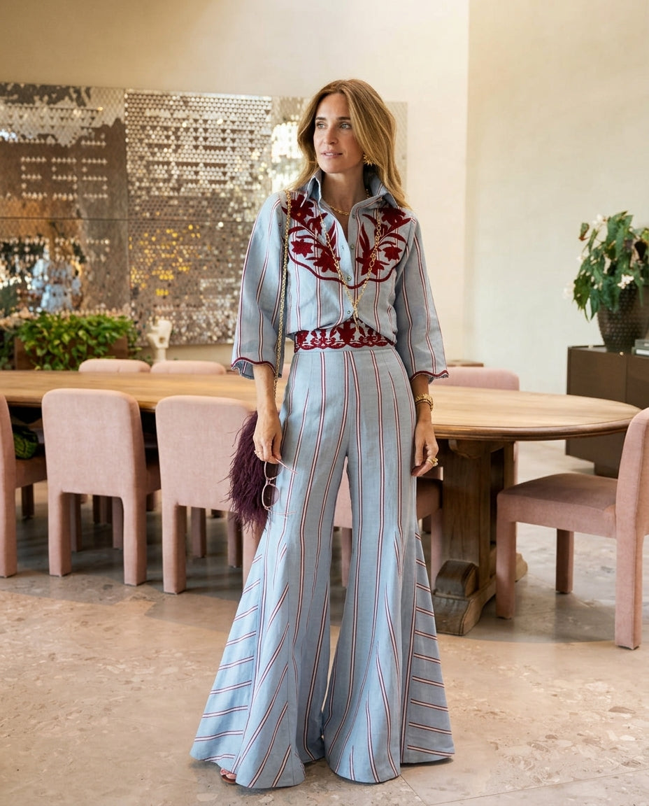Light Blue Reverie Resort Embroidered Pant Set Light Blue Pant Set with Wide-Leg silhouette and Linen Blend texture, front view product image for Resort Wear, Evening in Amalfi, Euro Chic Premium