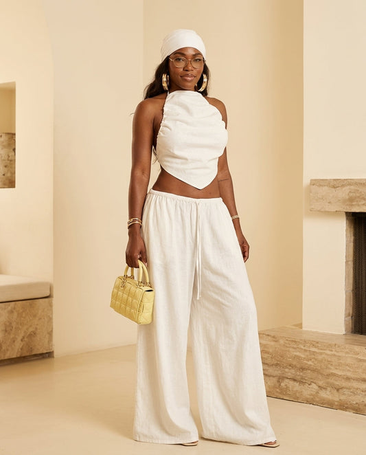Ivory Whisper Summer Two-Piece Set Ivory Two-Piece Set with Asymmetric silhouette and Textured texture, front view product image for Summer Getaway, Sunset in Malibu, US Coastal Glam by floravincie