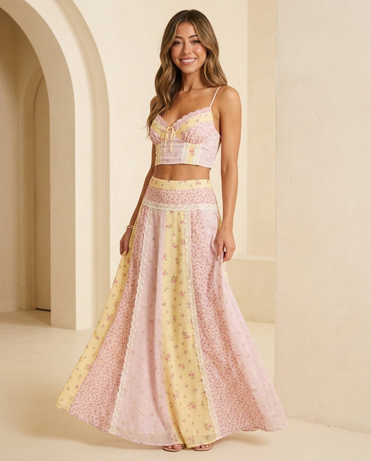 Pink Aura Resort Lace Skirt Set Pink Skirt Set with Asymmetric silhouette and Textured texture, front view product image for Resort Wear, Brunch in SoHo, US Coastal Glam by floravincie