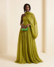 Sage Solace Evening Ruched Maxi Dress Sage Maxi Dress with Asymmetric silhouette and Textured texture, front view product image for Date Night, an estate dinner at golden hour, US East / Hamptons Elite by floravincie