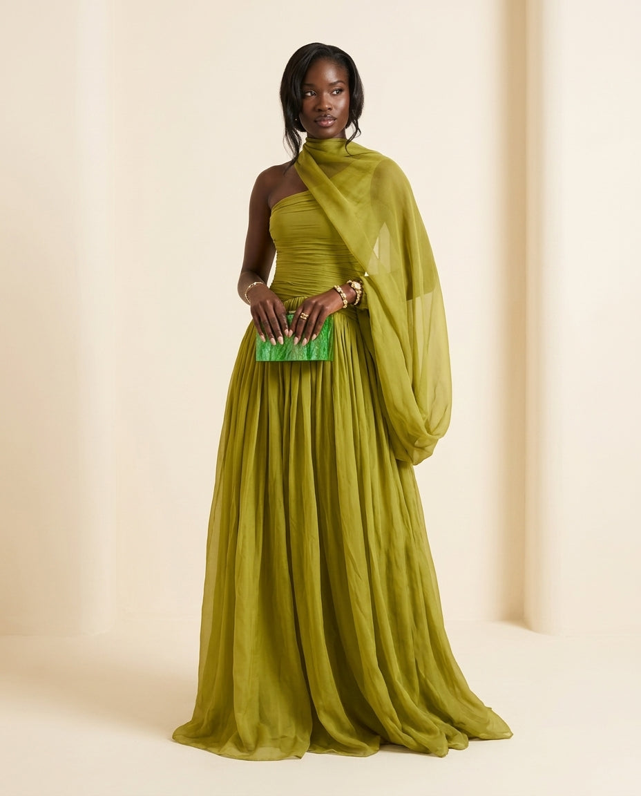 Sage Solace Evening Ruched Maxi Dress Sage Maxi Dress with Asymmetric silhouette and Textured texture, front view product image for Date Night, an estate dinner at golden hour, US East / Hamptons Elite by floravincie