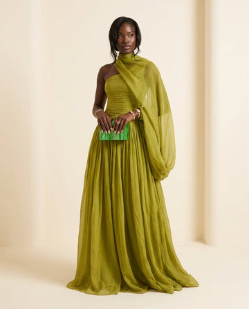Sage Solace Evening Ruched Maxi Dress Sage Maxi Dress with Asymmetric silhouette and Textured texture, front view product image for Date Night, an estate dinner at golden hour, US East / Hamptons Elite by floravincie