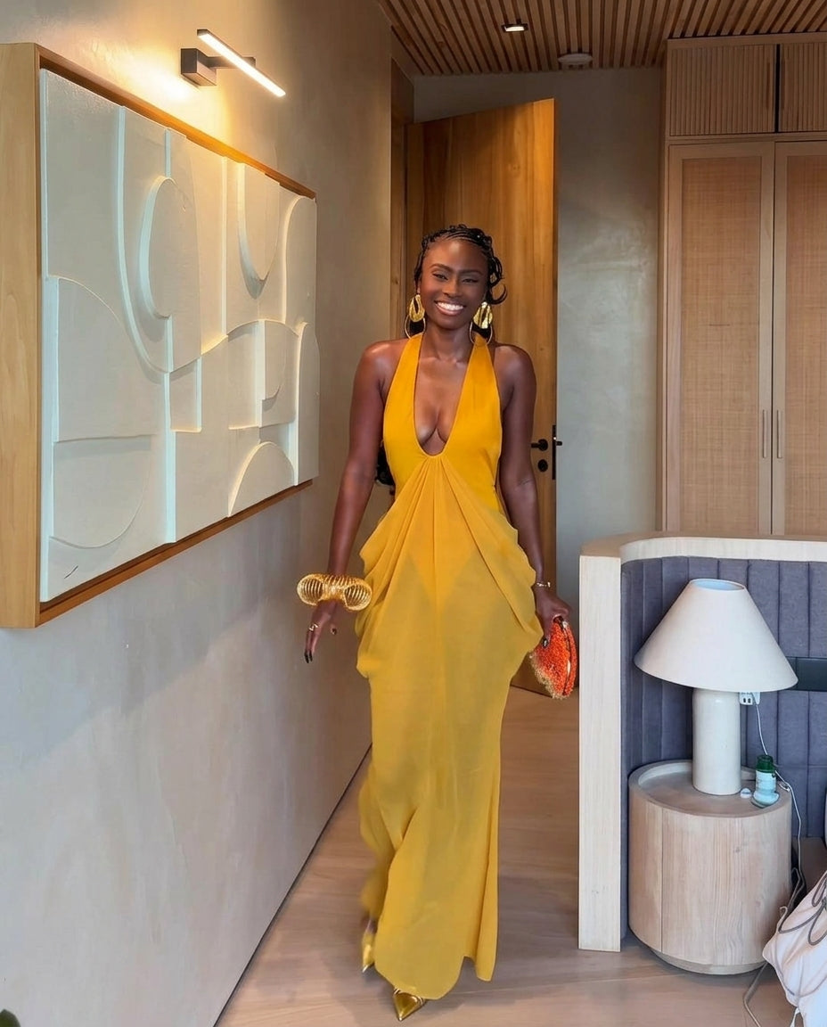 Mustard Yellow Gleam Evening Halter Maxi Dress Mustard Yellow Maxi Dress with Relaxed Fit silhouette and Textured texture, front view product image for Resort Wear, a polished coastal brunch, US East / Hamptons Elite by floravincie
