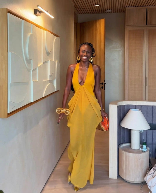 Mustard Yellow Gleam Evening Halter Maxi Dress Mustard Yellow Maxi Dress with Relaxed Fit silhouette and Textured texture, front view product image for Resort Wear, a polished coastal brunch, US East / Hamptons Elite by floravincie