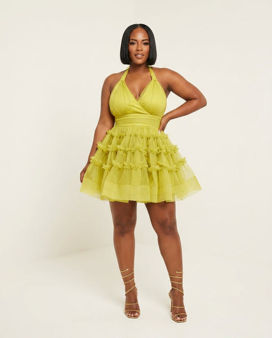 Lime Gleam Wedding Guest Tiered Mini Dress Lime Mini Dress with Flowing silhouette and Textured texture, clean studio product view for Wedding Guest, a gallery evening, Fall current summer selling first with a light late-summer/pre-fall accent: make it we by floravincie