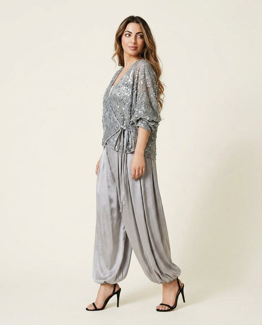 Grey Velvet Wedding Guest Satin Pant Set Grey Pant Set with Wide-Leg silhouette and Satin texture, clean studio product view for Wedding Guest, a fall city dinner, Fall current summer selling first with a light late-summer/pre-fall accent: make it wearabl by floravincie