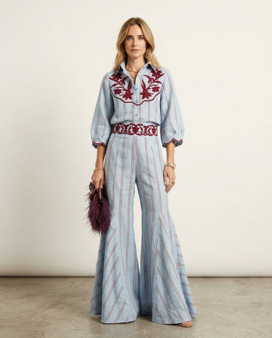 Light Blue Reverie Resort Embroidered Pant Set Light Blue Pant Set with Wide-Leg silhouette and Linen Blend texture, clean studio product view for Resort Wear, Evening in Amalfi, Euro Chic Premium
