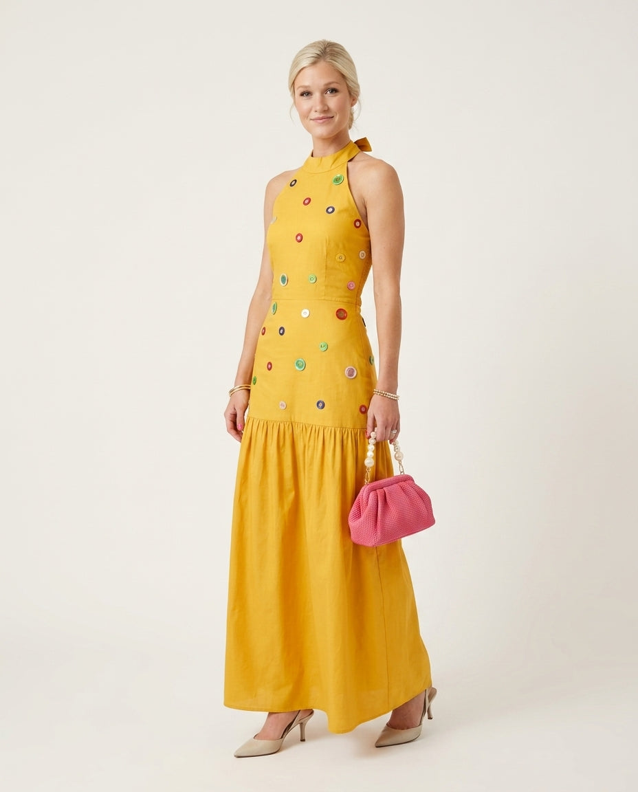 Butter Yellow Reverie Summer Embroidered Maxi Dress Butter Yellow Maxi Dress with Relaxed Fit silhouette and Textured texture, clean studio product view for Rooftop Brunch, an estate dinner at golden hour, US East / Hamptons Elite by floravincie