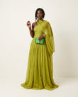 Sage Solace Evening Ruched Maxi Dress Sage Maxi Dress with Asymmetric silhouette and Textured texture, clean studio product view for Date Night, an estate dinner at golden hour, US East / Hamptons Elite by floravincie