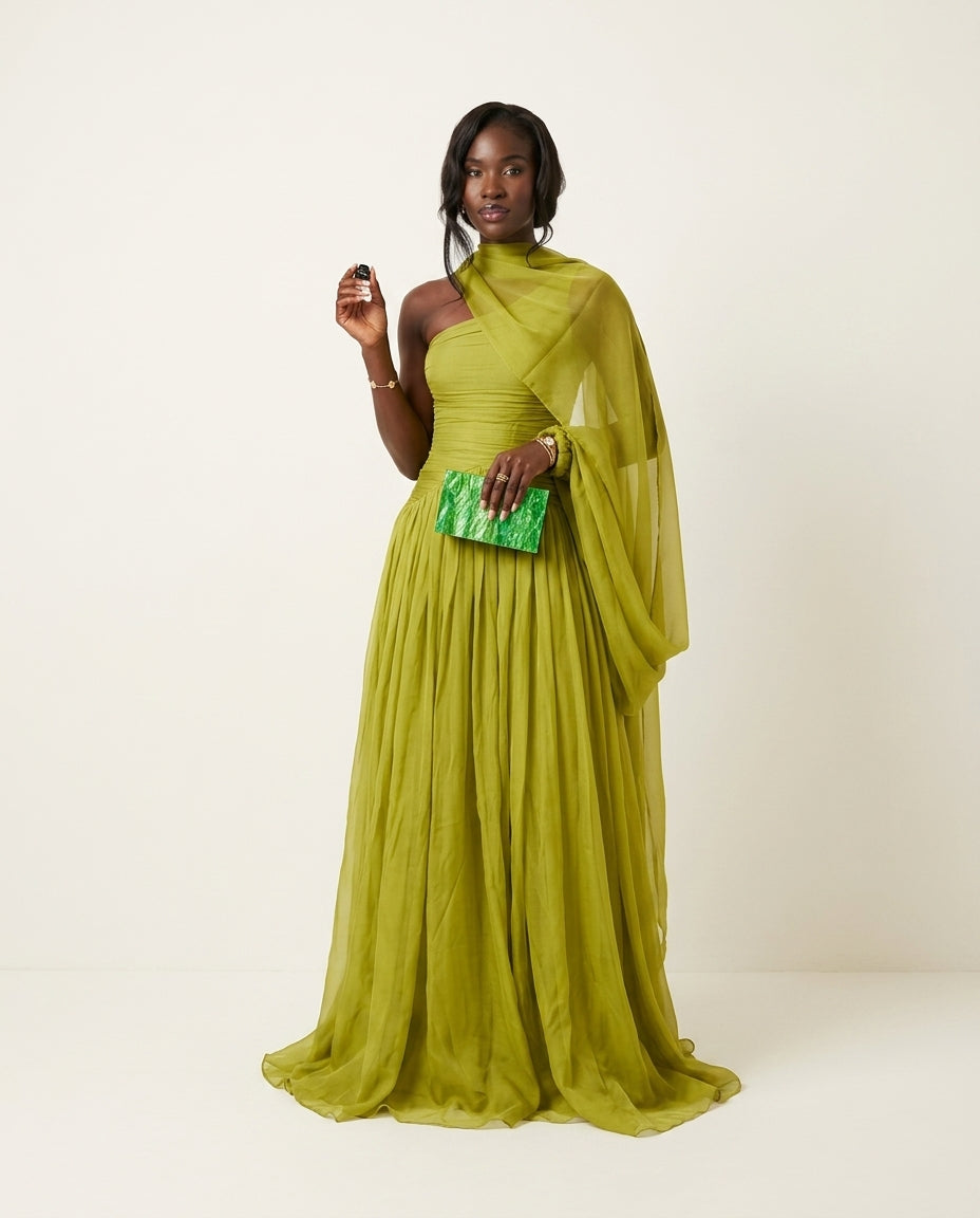 Sage Solace Evening Ruched Maxi Dress Sage Maxi Dress with Asymmetric silhouette and Textured texture, clean studio product view for Date Night, an estate dinner at golden hour, US East / Hamptons Elite by floravincie