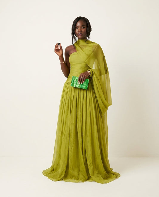 Sage Solace Evening Ruched Maxi Dress Sage Maxi Dress with Asymmetric silhouette and Textured texture, clean studio product view for Date Night, an estate dinner at golden hour, US East / Hamptons Elite by floravincie