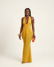 Mustard Yellow Gleam Evening Halter Maxi Dress Mustard Yellow Maxi Dress with Relaxed Fit silhouette and Textured texture, clean studio product view for Resort Wear, a polished coastal brunch, US East / Hamptons Elite by floravincie