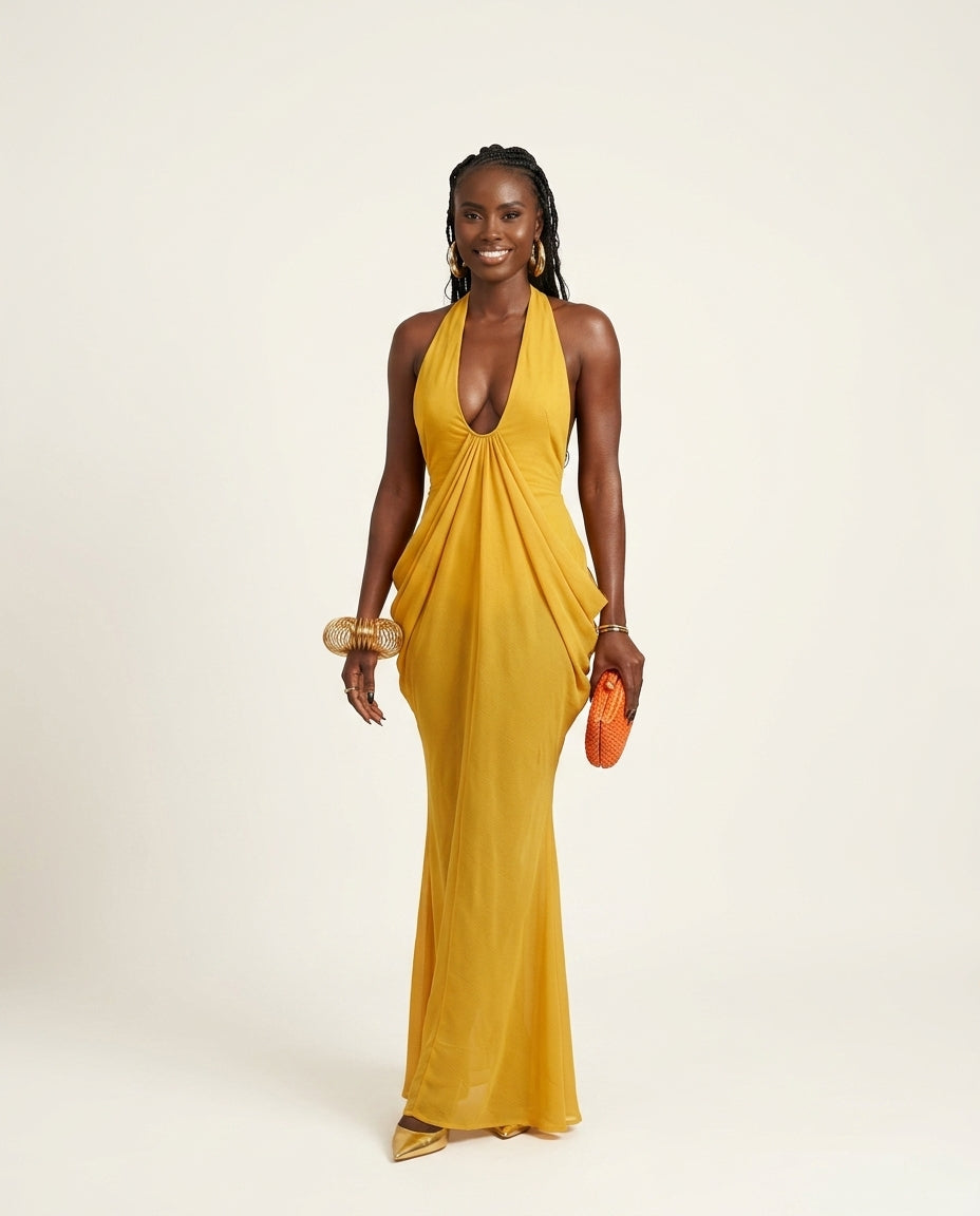Mustard Yellow Gleam Evening Halter Maxi Dress Mustard Yellow Maxi Dress with Relaxed Fit silhouette and Textured texture, clean studio product view for Resort Wear, a polished coastal brunch, US East / Hamptons Elite by floravincie