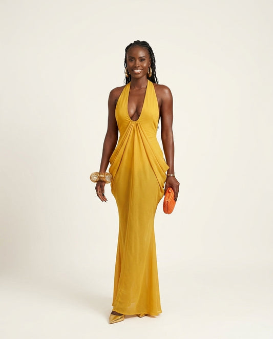 Mustard Yellow Gleam Evening Halter Maxi Dress Mustard Yellow Maxi Dress with Relaxed Fit silhouette and Textured texture, clean studio product view for Resort Wear, a polished coastal brunch, US East / Hamptons Elite by floravincie