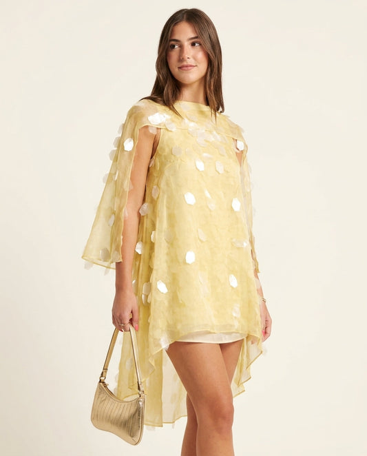 Butter Yellow Grace Evening Sheer Maxi Dress Butter Yellow Maxi Dress with Asymmetric silhouette and Textured texture, clean studio product view for Resort Wear, Evening in Amalfi, Euro Chic Premium by floravincie