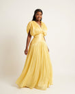 Butter Yellow Glow Evening Ruched Maxi Dress Butter Yellow Maxi Dress with Relaxed Fit silhouette and Textured texture, side or back garment view for City Dinner, a cafe plan, Fall city dinners, cafe plans, gallery evenings, and polished weekend styling, by floravincie