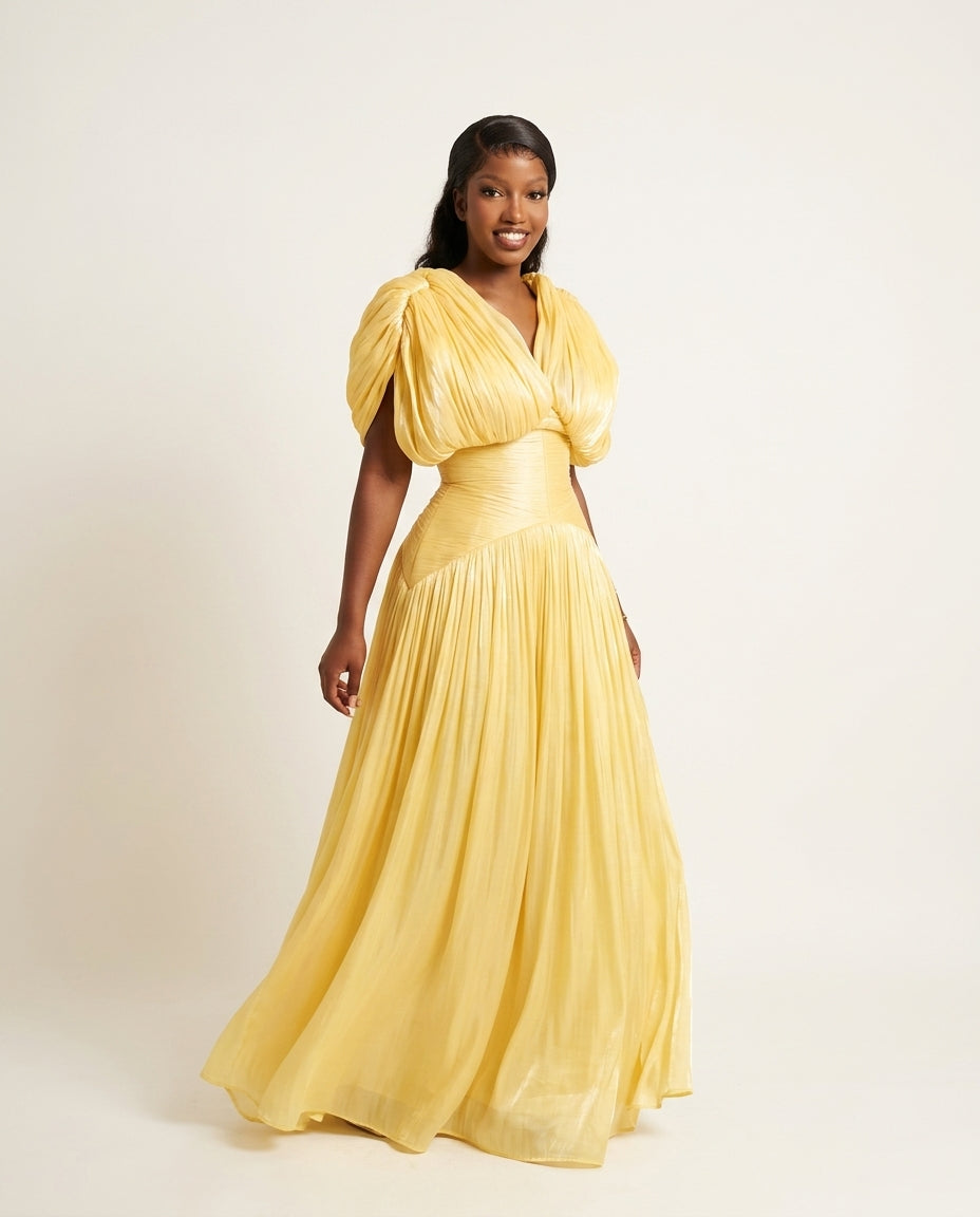 Butter Yellow Glow Evening Ruched Maxi Dress Butter Yellow Maxi Dress with Relaxed Fit silhouette and Textured texture, side or back garment view for City Dinner, a cafe plan, Fall city dinners, cafe plans, gallery evenings, and polished weekend styling, by floravincie