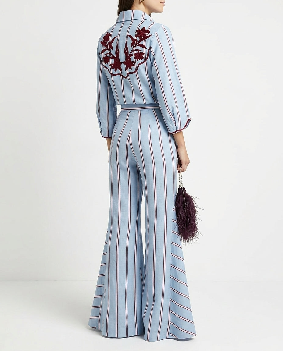 Light Blue Reverie Resort Embroidered Pant Set Light Blue Pant Set with Wide-Leg silhouette and Linen Blend texture, side or back garment view for Resort Wear, Evening in Amalfi, Euro Chic Premium