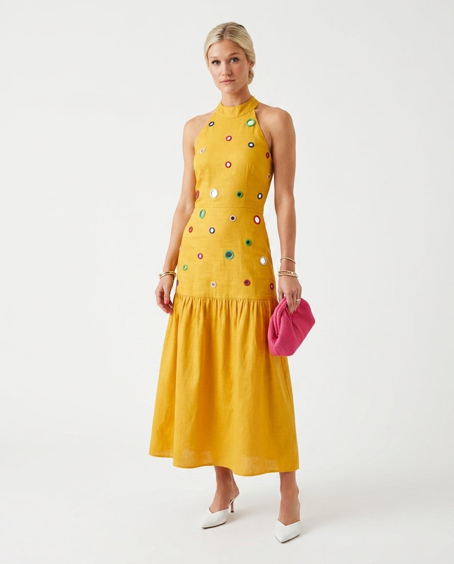 Butter Yellow Reverie Summer Embroidered Maxi Dress Butter Yellow Maxi Dress with Relaxed Fit silhouette and Textured texture, side or back garment view for Rooftop Brunch, an estate dinner at golden hour, US East / Hamptons Elite by floravincie
