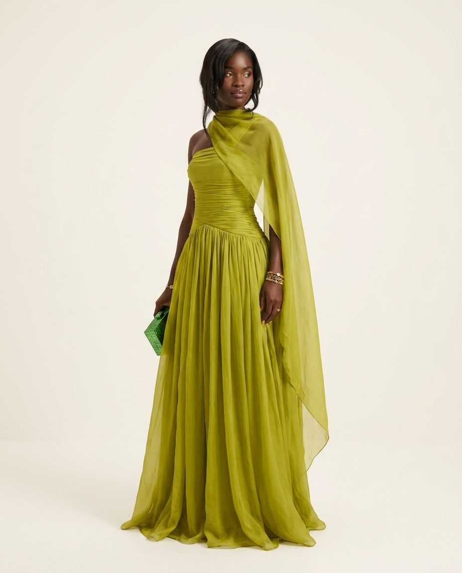 Sage Solace Evening Ruched Maxi Dress Sage Maxi Dress with Asymmetric silhouette and Textured texture, side or back garment view for Date Night, an estate dinner at golden hour, US East / Hamptons Elite by floravincie