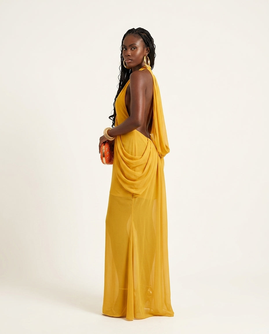 Mustard Yellow Gleam Evening Halter Maxi Dress Mustard Yellow Maxi Dress with Relaxed Fit silhouette and Textured texture, side or back garment view for Resort Wear, a polished coastal brunch, US East / Hamptons Elite by floravincie