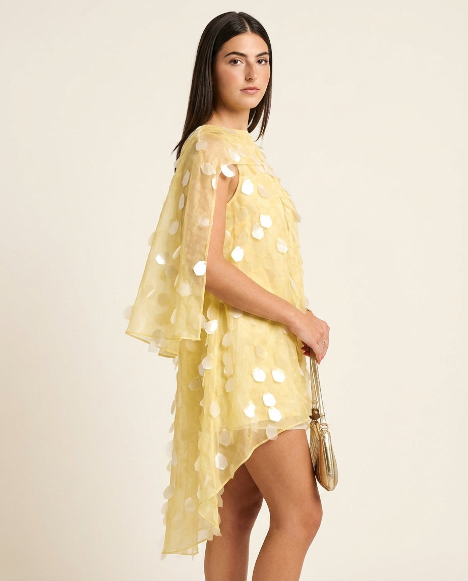 Butter Yellow Grace Evening Sheer Maxi Dress Butter Yellow Maxi Dress with Asymmetric silhouette and Textured texture, side or back garment view for Resort Wear, Evening in Amalfi, Euro Chic Premium by floravincie
