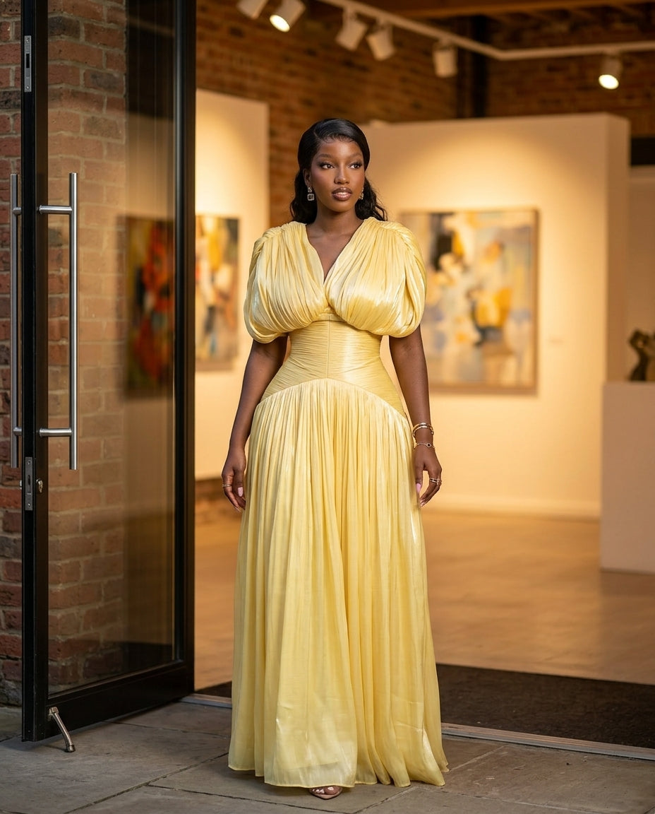 Butter Yellow Glow Evening Ruched Maxi Dress Butter Yellow Maxi Dress with Relaxed Fit silhouette and Textured texture, lifestyle scene image for City Dinner, a cafe plan, Fall city dinners, cafe plans, gallery evenings, and polished weekend styling, US C by floravincie