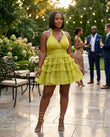 Lime Gleam Wedding Guest Tiered Mini Dress Lime Mini Dress with Flowing silhouette and Textured texture, lifestyle scene image for Wedding Guest, a gallery evening, Fall current summer selling first with a light late-summer/pre-fall accent: make it wearab by floravincie