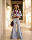 Light Blue Reverie Resort Embroidered Pant Set Light Blue Pant Set with Wide-Leg silhouette and Linen Blend texture, lifestyle scene image for Resort Wear, Evening in Amalfi, Euro Chic Premium