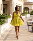 Lime Gleam Wedding Guest Tiered Mini Dress Lime Mini Dress with Flowing silhouette and Textured texture, outdoor styling image for Wedding Guest, a gallery evening, Fall current summer selling first with a light late-summer/pre-fall accent: make it wearab by floravincie