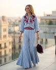 Light Blue Reverie Resort Embroidered Pant Set Light Blue Pant Set with Wide-Leg silhouette and Linen Blend texture, outdoor styling image for Resort Wear, Evening in Amalfi, Euro Chic Premium