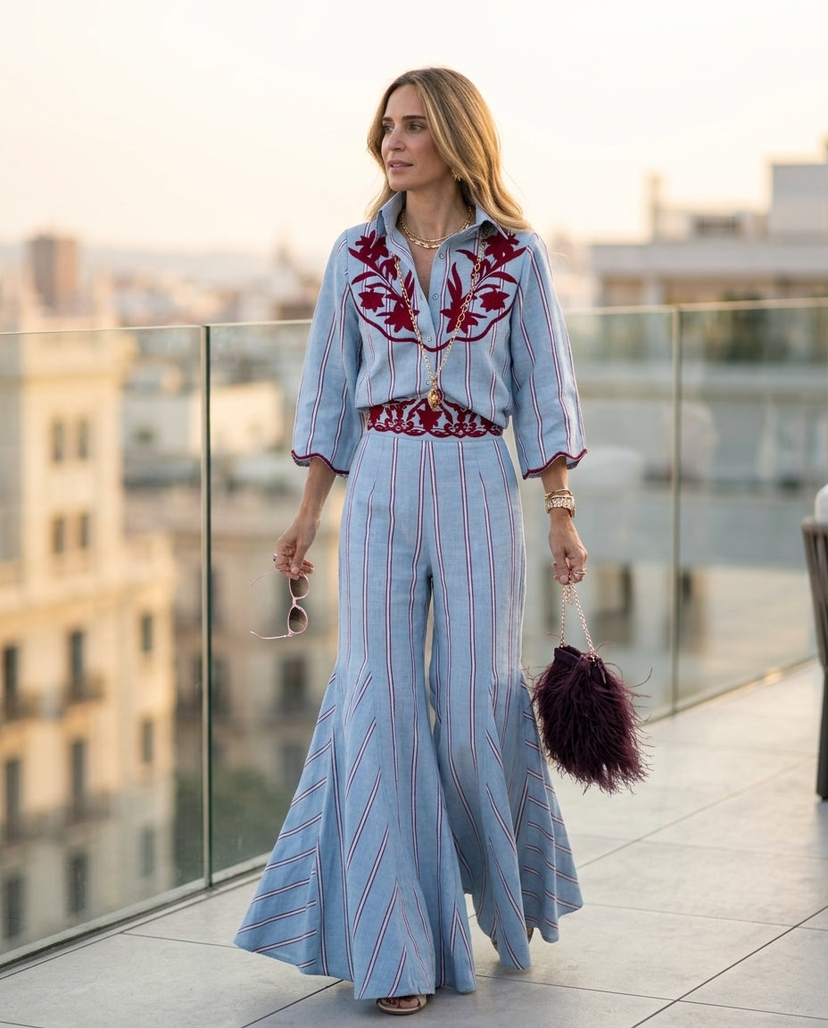 Light Blue Reverie Resort Embroidered Pant Set Light Blue Pant Set with Wide-Leg silhouette and Linen Blend texture, outdoor styling image for Resort Wear, Evening in Amalfi, Euro Chic Premium