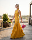 Butter Yellow Reverie Summer Embroidered Maxi Dress Butter Yellow Maxi Dress with Relaxed Fit silhouette and Textured texture, outdoor styling image for Rooftop Brunch, an estate dinner at golden hour, US East / Hamptons Elite by floravincie
