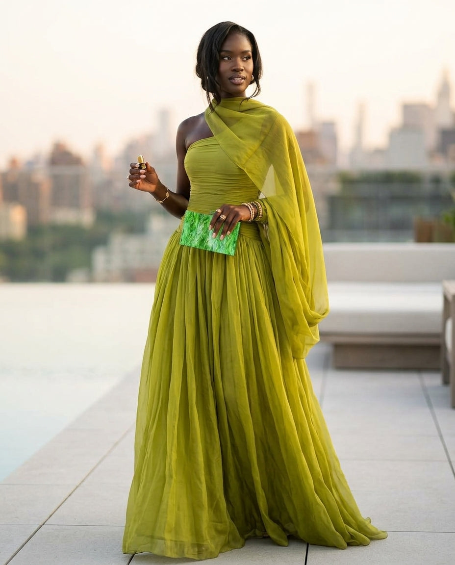 Sage Solace Evening Ruched Maxi Dress Sage Maxi Dress with Asymmetric silhouette and Textured texture, outdoor styling image for Date Night, an estate dinner at golden hour, US East / Hamptons Elite by floravincie