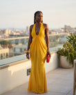 Mustard Yellow Gleam Evening Halter Maxi Dress Mustard Yellow Maxi Dress with Relaxed Fit silhouette and Textured texture, outdoor styling image for Resort Wear, a polished coastal brunch, US East / Hamptons Elite by floravincie