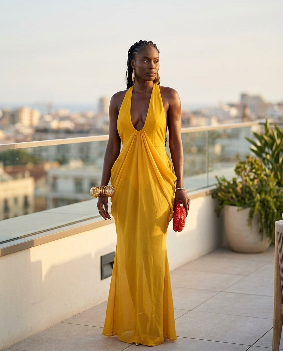 Mustard Yellow Gleam Evening Halter Maxi Dress Mustard Yellow Maxi Dress with Relaxed Fit silhouette and Textured texture, outdoor styling image for Resort Wear, a polished coastal brunch, US East / Hamptons Elite by floravincie