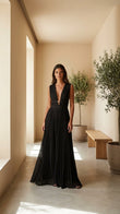 Black V-Neck Pleated Pleated Fabric Maxi Dress product image 5