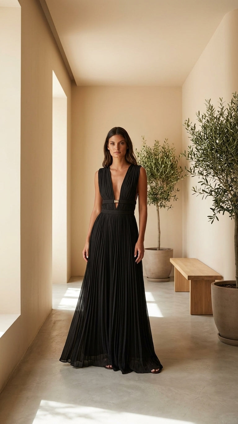 Black V-Neck Pleated Pleated Fabric Maxi Dress product image 5