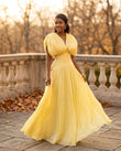 Butter Yellow Glow Evening Ruched Maxi Dress Butter Yellow Maxi Dress with Relaxed Fit silhouette and Textured texture, editorial ecommerce scene for City Dinner, a cafe plan, Fall city dinners, cafe plans, gallery evenings, and polished weekend styling, by floravincie