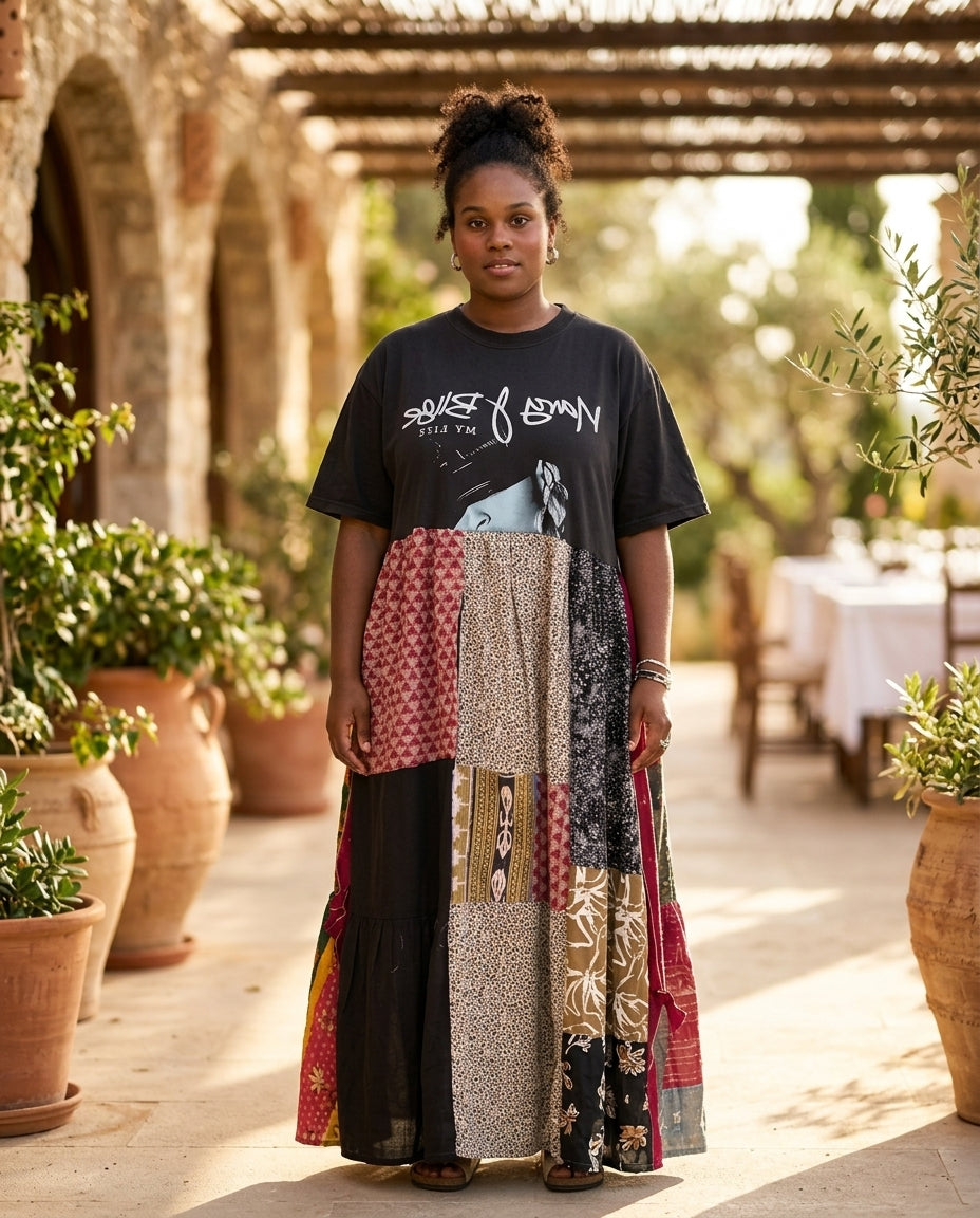 Black Muse Wedding Guest Printed Maxi Dress Black Maxi Dress with Relaxed Fit silhouette and Poplin texture, editorial ecommerce scene for Wedding Guest, a fall city dinner, Fall current summer selling first with a light late-summer/pre-fall accent: make by floravincie