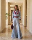 Light Blue Reverie Resort Embroidered Pant Set Light Blue Pant Set with Wide-Leg silhouette and Linen Blend texture, editorial ecommerce scene for Resort Wear, Evening in Amalfi, Euro Chic Premium