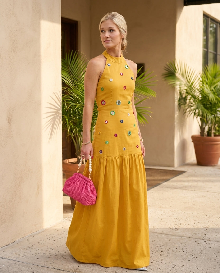 Butter Yellow Reverie Summer Embroidered Maxi Dress Butter Yellow Maxi Dress with Relaxed Fit silhouette and Textured texture, editorial ecommerce scene for Rooftop Brunch, an estate dinner at golden hour, US East / Hamptons Elite by floravincie