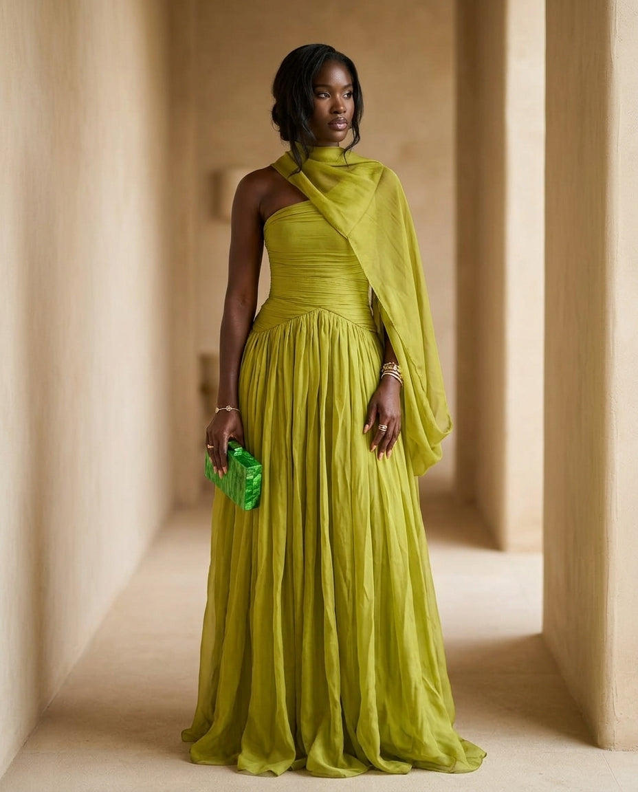 Sage Solace Evening Ruched Maxi Dress Sage Maxi Dress with Asymmetric silhouette and Textured texture, editorial ecommerce scene for Date Night, an estate dinner at golden hour, US East / Hamptons Elite by floravincie