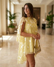 Butter Yellow Grace Evening Sheer Maxi Dress Butter Yellow Maxi Dress with Asymmetric silhouette and Textured texture, editorial ecommerce scene for Resort Wear, Evening in Amalfi, Euro Chic Premium by floravincie