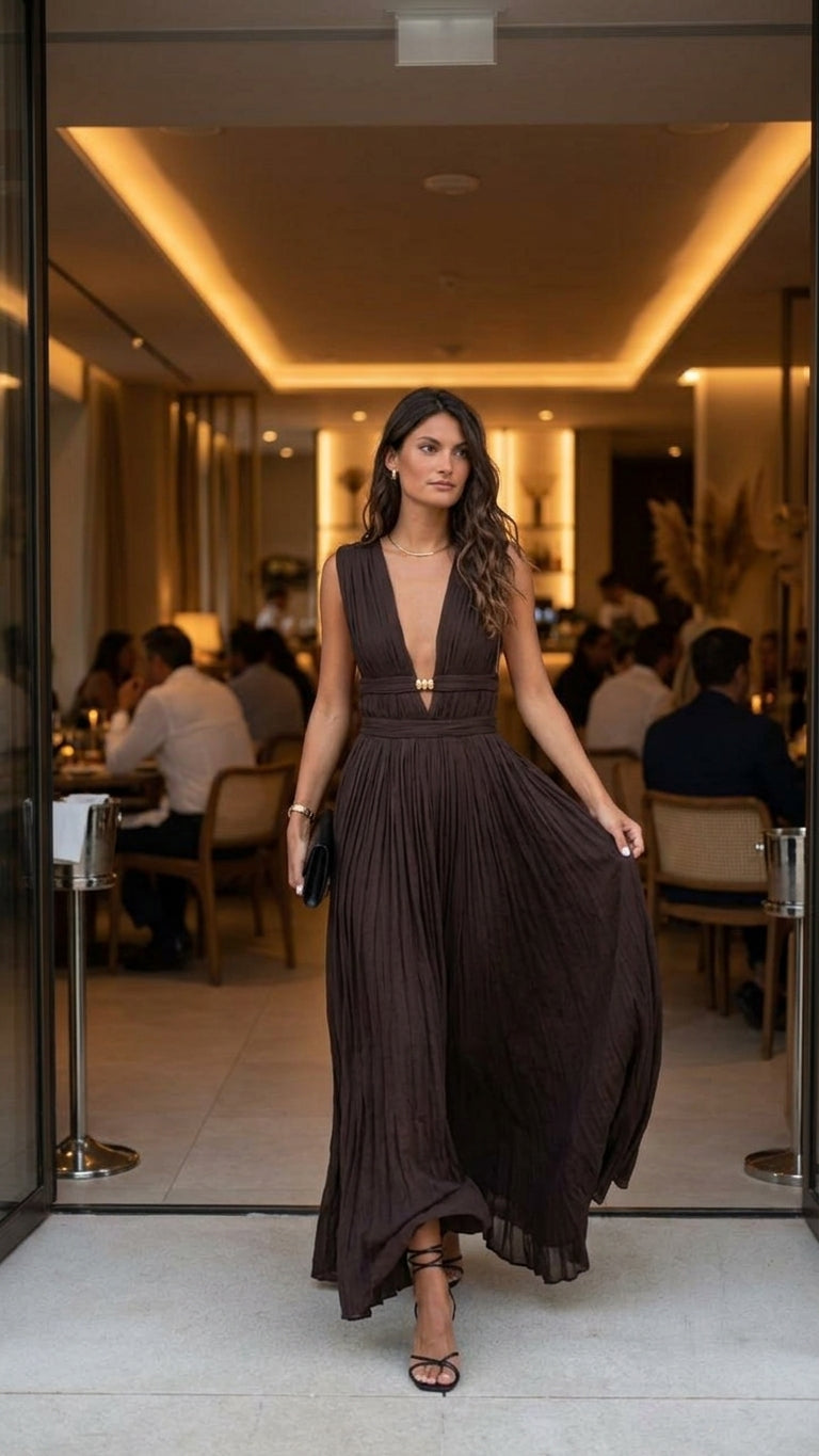 Black V-Neck Pleated Pleated Fabric Maxi Dress product image 6