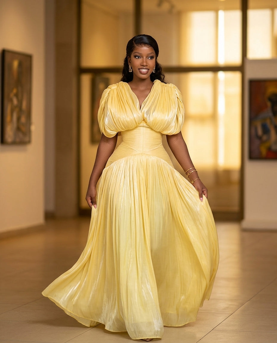 Butter Yellow Glow Evening Ruched Maxi Dress Butter Yellow Maxi Dress with Relaxed Fit silhouette and Textured texture, fabric and construction detail for City Dinner, a cafe plan, Fall city dinners, cafe plans, gallery evenings, and polished weekend styl by floravincie